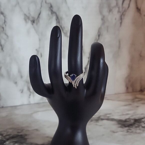 Wing Angel Ring with Inlaid Zircon Blue and Diamond Silver Plated - Picture 6 of 8